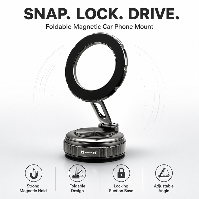 All Season Stable Magnetic Car Mount with Foldable Alloy Arm and Suction Cup 360 Rotation for Dashboard Windshield Phones