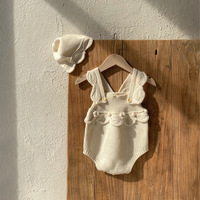Combinaison en coton biologique pour bébé fille, tricotée, avec bonnet, applique florale 3D, sans manches, combinaison pour nouveau-né, tenue une pièce