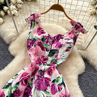 Robe midi élégante pour femme WIWT, imprimé floral rose, coupe trapèze, sans manches, col cœur, décontractée, pour les fêtes, les vacances et le quotidien