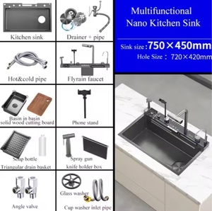 Set <span class=keywords><strong>Lavello</strong></span> da <span class=keywords><strong>Cucina</strong></span> Artigianale di Nuovo Design con Cascata Intelligente, Porta Telefono in Acciaio Inox, Vasca Singola <span class=keywords><strong>e</strong></span> Tre Fori - Product Image 2
