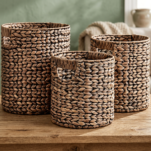 Paniers de rangement en jacinthe d'eau naturelle avec poignées, forme ronde, style rustique, ensemble de paniers multi-usages pour l'organisation - Product Image 4