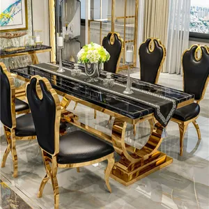 Кухонное золото из нержавеющей стали Королевский мрамор обеденный стол наборы роскошных современных 6 стульев