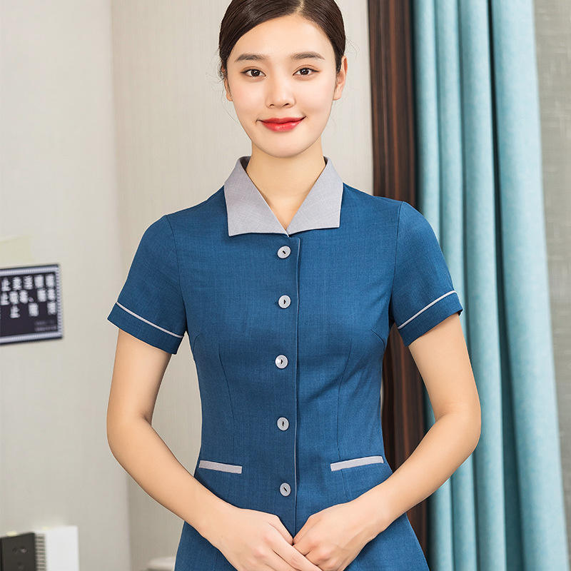 Blue women's [turn-down collar cleaning] short sleeve