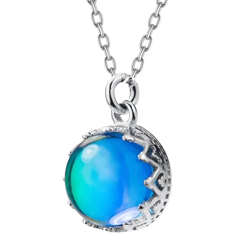 fashion perfect women sterling silver single blue sapphire stone short necklace silver 925 round