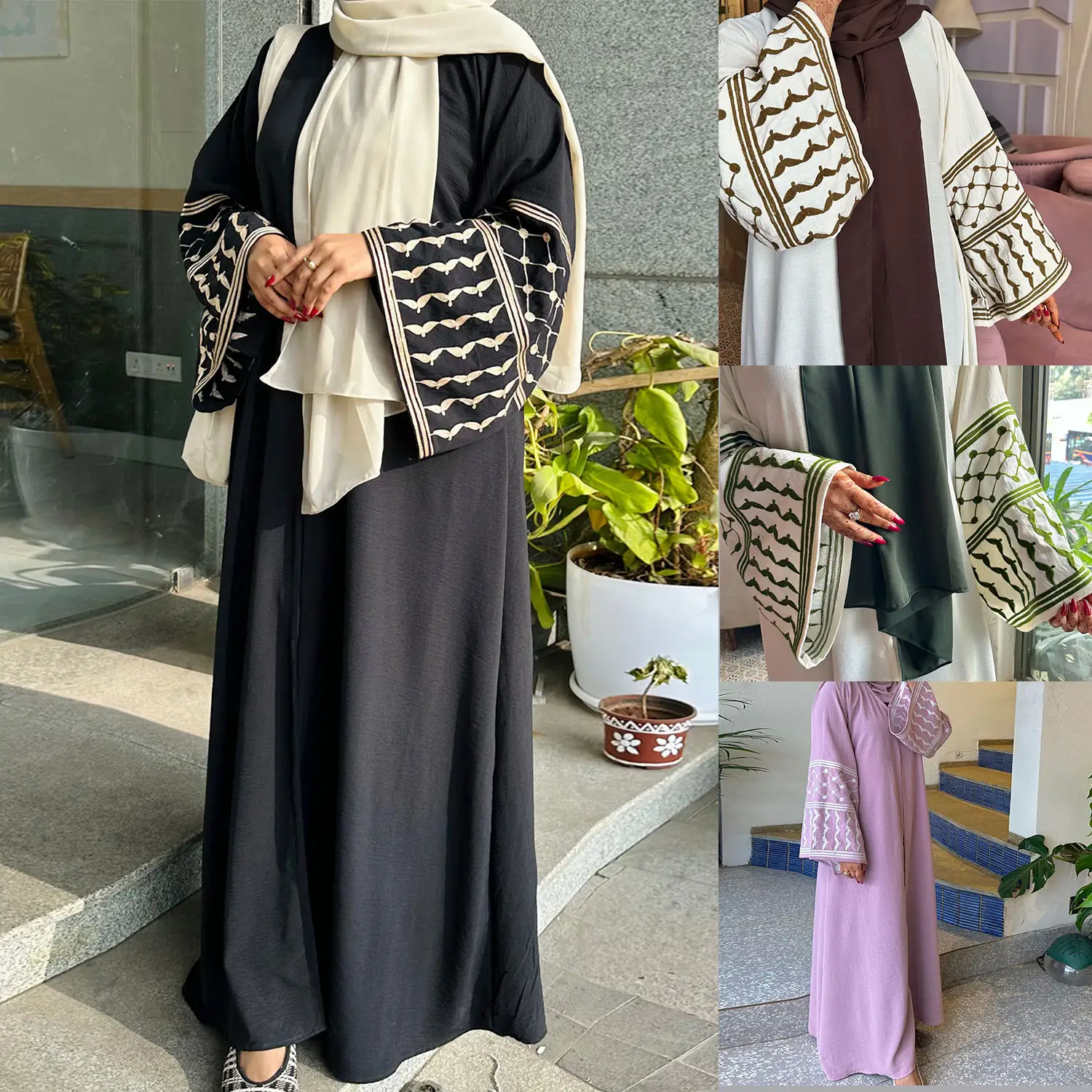 Vestido de abaya árabe estilo Keffiyeh palestino simples bordado aberto crepe macio Dubai Abaya, novo, atacado, 2024