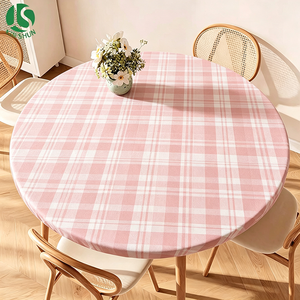 Tovaglia Protettiva Rotonda Impermeabile Antiscivolo in PEVA con Retro in Flanella, Design a Quadri Rosa e Bianco con Bordo Elastico - Product Image 1