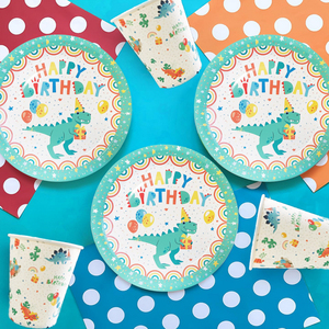 Platos y Vasos de Papel Redondos Desechables con Diseño de Dinosaurios Ecológicos de 9 Pulgadas, Juego de Vajilla Personalizada para Fiestas de Cumpleaños - Product Image 1