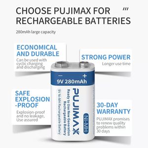 PUJIMAX充電式9vnimhバッテリー280mAhNi-MHバッテリー9v1pcs 6f22ワイヤレスマイク用9vバッテリーマルチメーター - Product Image 3