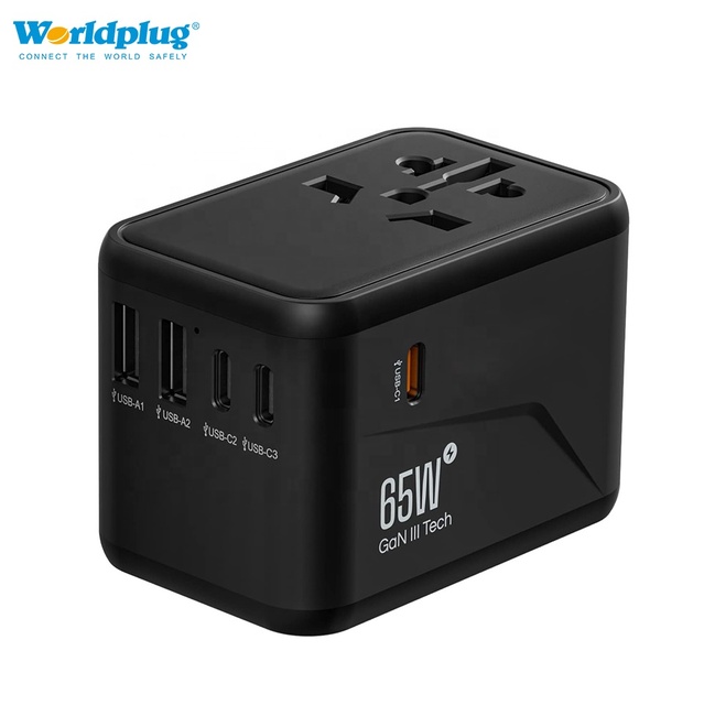 Worldplug GaN 65W International Wall Charger with USB 2 Ports Type-C 3 Ports 10A SDK Enabled Universal Travel Adapter