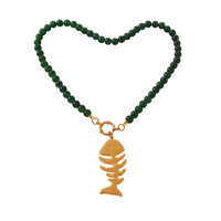 Collier tendance en pierre naturelle avec pendentif en acier inoxydable et laiton en forme d'arête de poisson, étanche, idéal pour un cadeau