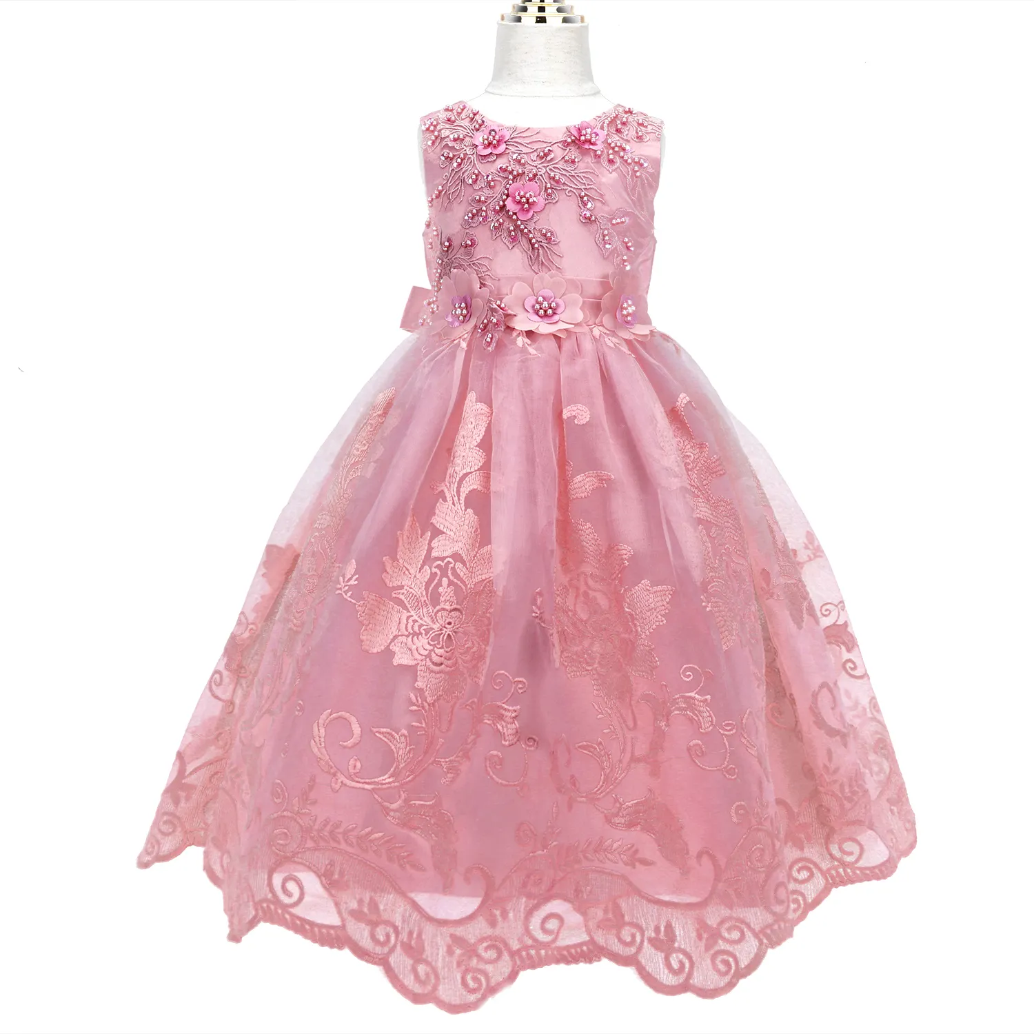 Nuevo vestido de malla esponjosa para niñas, vestido de flores 3D sin mangas de Color sólido para niños, vestido esponjoso de princesa