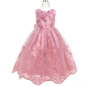 New Girls' Fluffy Mesh Dress Child Sleeveless Solid Color Trail 3D Flower Dress Princess Fluffy Dress