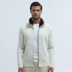 <span class=keywords><strong>Cardigan</strong></span> zippé pour <span class=keywords><strong>homme</strong></span> à col en fausse fourrure, en tricot côtelé épais crème, style <span class=keywords><strong>vintage</strong></span> de luxe, vêtement d'extérieur d'hiver - Product Image 1
