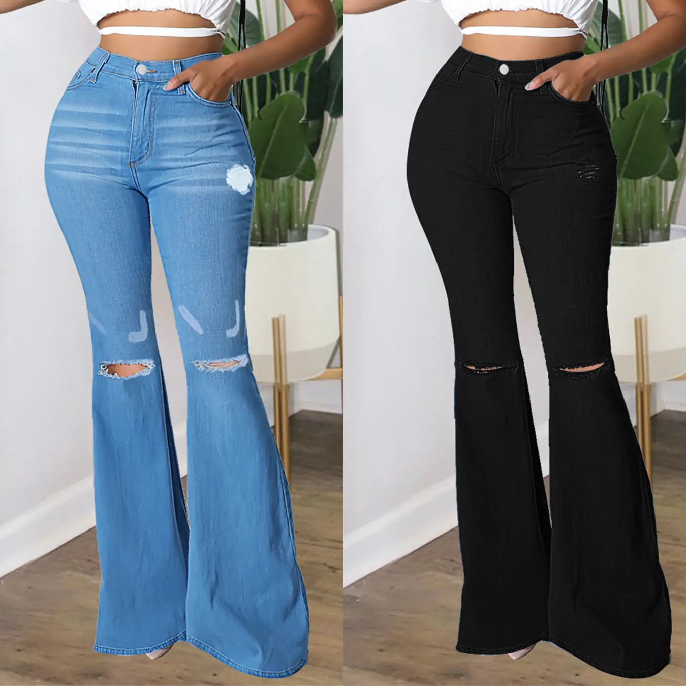 Hot Sale Custom Logo Vrouwen Hoge Taille Gescheurde Bell Bottom Flare Leg Jeans