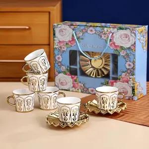 Juego de café árabe turco de cerámica de diseño moderno con mango 6 tazas con 6 platillos y bandeja para el té de la tarde