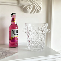 Seau à glace cylindrique en verre cannelé transparent avec deux poignées pour vin, champagne, soju – Idéal pour la maison, le bar ou la table