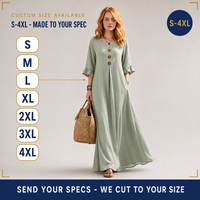 Robe longue en lin personnalisée pour femme, col en V, boutons en bois, manches à volants, poches latérales, coupe trapèze, fabricant OEM ODM