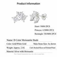 Boucles d'oreilles clous géométriques en Moissanite VVS, plaqué rhodium, en argent sterling 925, bijoux raffinés pour femme