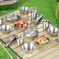 Ensemble d'ustensiles de camping pour 2/3/4 personnes, vaisselle portable en acier inoxydable pour pique-nique en plein air
