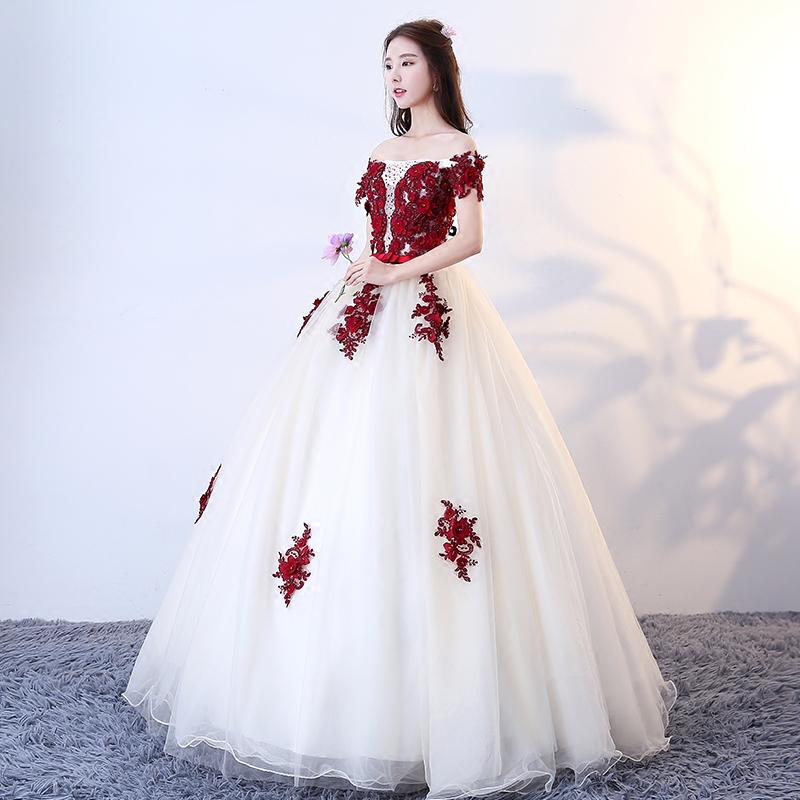 Bridal Unique Dark Red White Long Ball Gown Wedding Dress Bridal Unique Dark Red White Long Ball Gown Wedding Dress