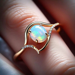 Anillo de Ópalo A076 para Mujer, Anillo de Compromiso con Gema Natural Ovalada y Engaste de Puntas, Anillos de Moda - Product Image 1