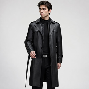 <b>Men</b> Genuine Leather Trench Coat Long Notched Lapel Single Breasted Regular Sleeve <b>Black</b> Outerwear - Product Image 1