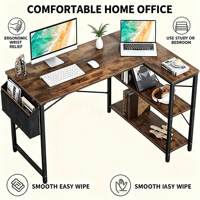 Bureau d'ordinateur moderne pliable en panneaux de particules avec pieds en métal et étagères de rangement, très demandé