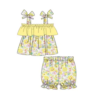 Pakaian musim panas anak-anak butik desain bunga bayi perempuan Slip gaun pendek dan pakaian pendek grosir