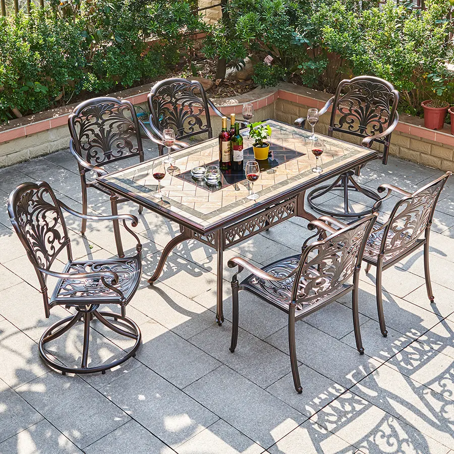 Giardino Table et chaises de luxe pour barbecue et terrasse Mobilier d'extérieur pour restaurant Table à manger en fonte d'aluminium Fabricant de métal