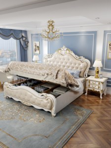 Luxury Upholstered King Size Bed, Classic Carved Solid Wood Double Bed Frame for Bedroom Furniture - Product Image 3