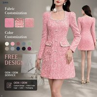 Robe décontractée d'été pour femme en polyester et lin rose, coupe mini, manches longues, col carré, jacquard, boutons perlés et bordure en dentelle