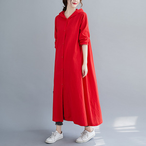 <span class=keywords><strong>Robe</strong></span> longue décontractée à capuche en coton et lin pour femmes, taille ample, <span class=keywords><strong>rouge</strong></span>, avec poche boutonnée, respirante, à manches longues, automne et <span class=keywords><strong>hiver</strong></span> - Product Image 3