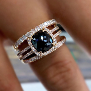 Q325 Women's <b>Diamond</b> <b>Ring</b> With Fancy Black Center Stone And Round Brilliant Cut Side <b>Diamonds</b> Engagement Jewelry - Product Image 1