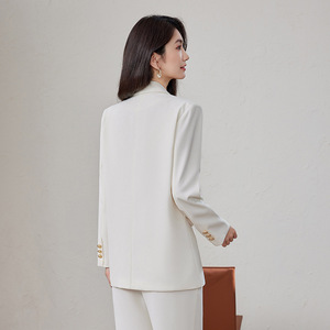 Women's Cream Suit Set Solid Color Polyester Double Breasted Casual Office Wear - Product Image 4