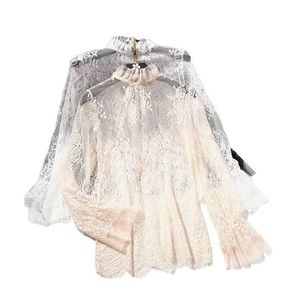 Chemisier en crochet à manches longues pour femmes <span class=keywords><strong>haut</strong></span> <span class=keywords><strong>transparent</strong></span> à volants en dentelle noire hauts d'été sexy pour le printemps et l'automne - Product Image 1