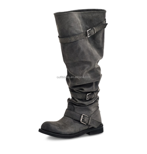 Botas Largas de Piel de Becerro con Efecto Desgastado, de Alta Calidad, Color Negro Marino, con Hebilla de Cinturón, Estilo Holgado para Mujer - Product Image 4