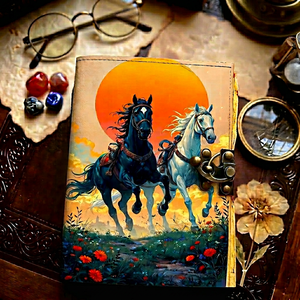 Running Horses Leather Journal with Lock Sunset Fantasy Diary & Vintage Sketchbook - Product Image 1