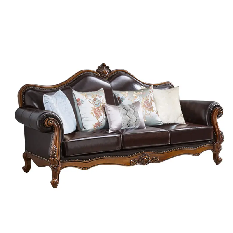 Classic American Luxury Solid Wood Carved Genuine Leather Sofa Set Living Room Furniture N-450