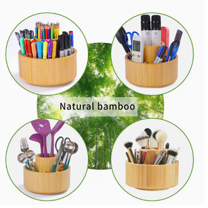 Bamboo <b>Rotating</b> <b>Desk</b> Organizer Pen Holder Round Multi Compartment Storage Box For Office Use - Product Image 5