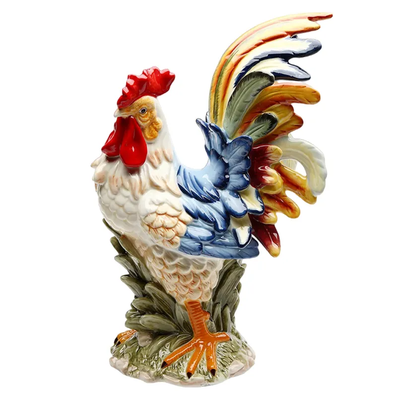 Figura personalizada de fábrica directa para el hogar, Decoración de mesa pintada a mano de campo, granja, animal colorido, estatua de cerámica 3D, Gallo
