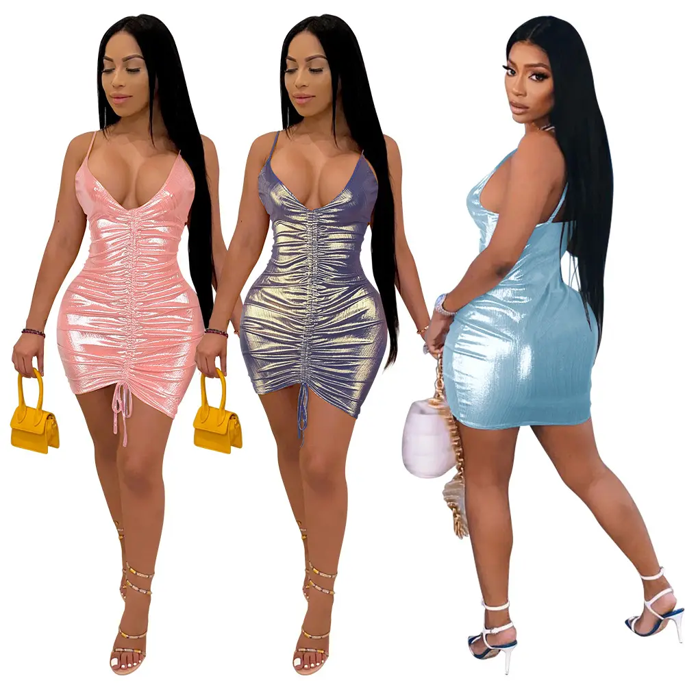 Fashion Sexy slip club dress elegant Women Fitness high waist foiled package hip dress shinny front drawstring party dress