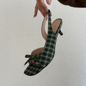 Sandales à talons à carreaux, bout ouvert, talon bas et fin, avec nœud décoratif, bride arrière, à enfiler, élégantes, tendance, pour femmes - Product Image 3