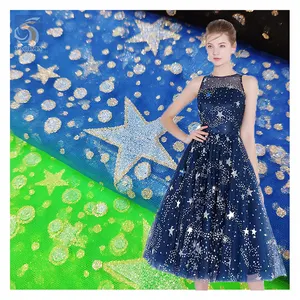 Merry Christmas Latest Design Mesh Tulle Fabric Textiles Golden Stars Shining Brightly Dot Tulle Fabric