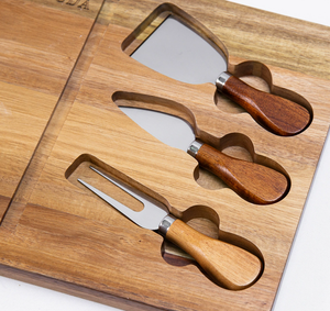 Ensemble de planches à fromage en bois d'acacia avec logo personnalisé, 3 couteaux à fromage, plateau de charcuterie pour fête, vaisselle en gros - Product Image 5