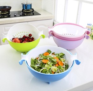 2 in 1 Kitchen <b>Plastic</b> Rotating Drain <b>Basket</b> Double Layers Vegetable Fruit Washing Bowl Strainer <b>Basket</b> Colander With Handle - Product Image 2