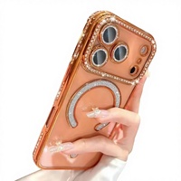 Étui de téléphone portable magnétique à paillettes de strass pour 17 Pro Max avec film de protection d'objectif transparent électroplaqué et protection d'appareil photo