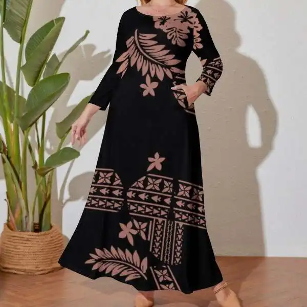 공장 아울렛 고품질 폴리네시아 Elei 부족 디자인 사용자 정의 사무실 레이디 대형 느슨한 라운드 넥 긴 소매 드레스