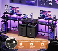 Escritorio de Oficina Ecológico y Duradero con Luces LED, Tomas de Corriente, 4 Cajones, Archivador de Tela, Estantería y Mesa de Estudio/Trabajo