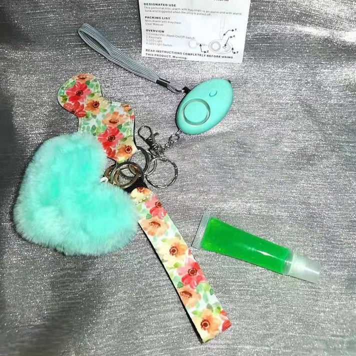 Wholesale Private Label Lipgloss No Touch Keychain Alarm Fur Puff Ball Vegan Glitter Lip Gloss Vendor Women's Keychains