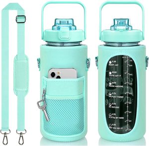 Botella de agua portátil de plástico de 2L con marcador de tiempo motivacional, asa, pajita y funda para teléfono, ideal para camping, gimnasio y deporte. - Product Image 1
